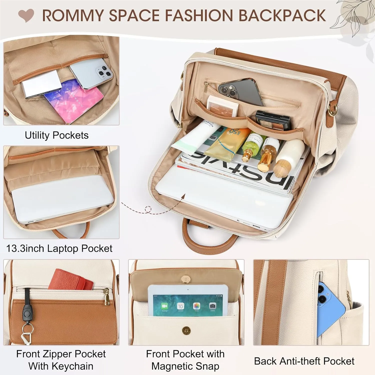 NUBILY Backpack Purse for Women Leather Anti-Theft Mini Backpack Fashion Designer Handbag Convertible Travel Bag Ladies Shoulder Bags, Beige