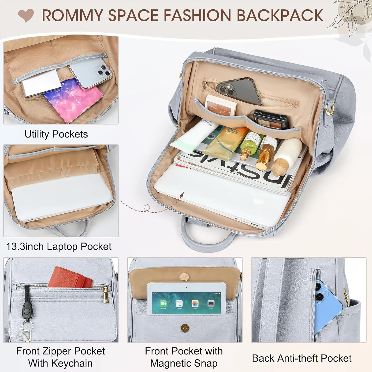 NUBILY Backpack Purse for Women Leather Anti-Theft Mini Backpack Fashion Designer Handbag Convertible Travel Bag Ladies Shoulder Bags, Gray