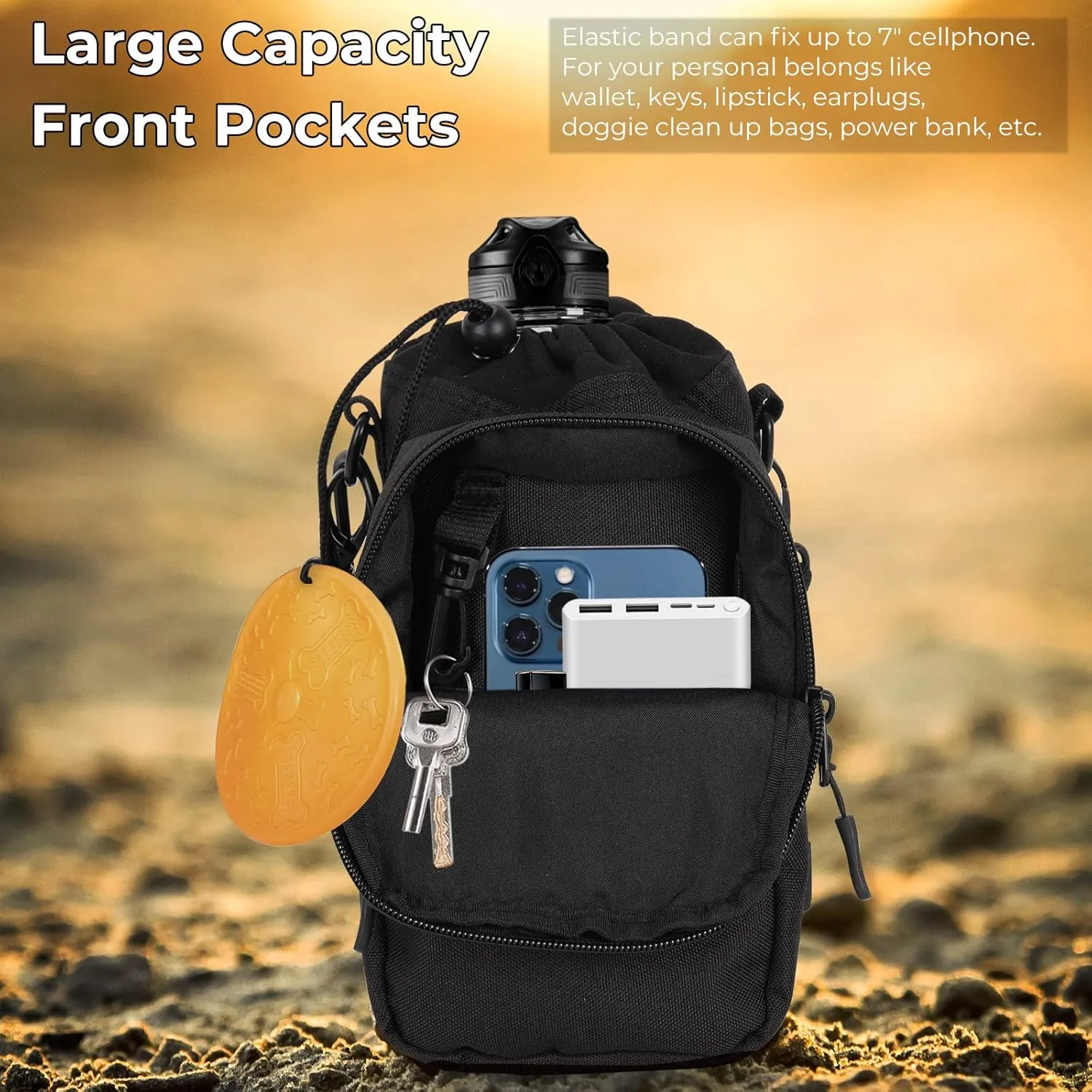 Nuovoware Water Bottle Carrier, 40oz Bottle Carrier Sports Insulated Water Bottle Holder with Adjustable Shoulder Strap, 2 Pockets Flask Sling Bag Drawstring Pouch for Climbing Hiking Walking