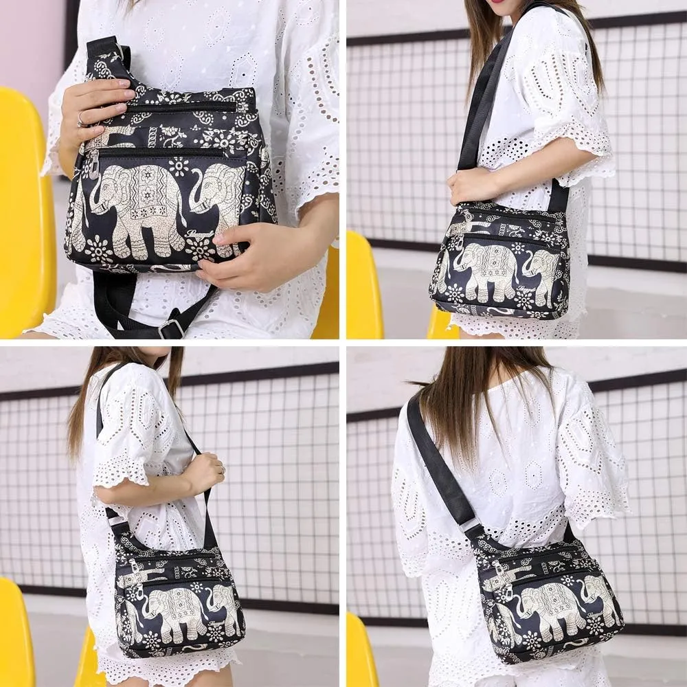 Nylon Floral Multi-Pocket Crossbody Purse Bags for Women Travel Shoulder Bag