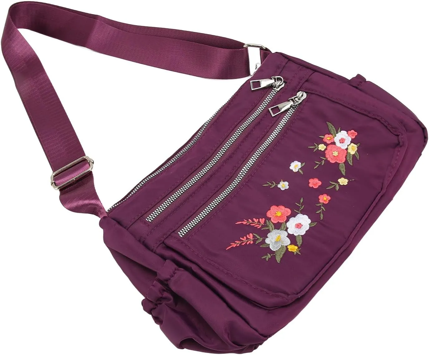 Nylon Messenger Bag, Soft Casual Adjustable Portable Floral Embroidered Shoulder Bag Waterproof for Travel for Lady