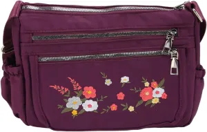 Nylon Messenger Bag, Soft Casual Adjustable Portable Floral Embroidered Shoulder Bag Waterproof for Travel for Lady