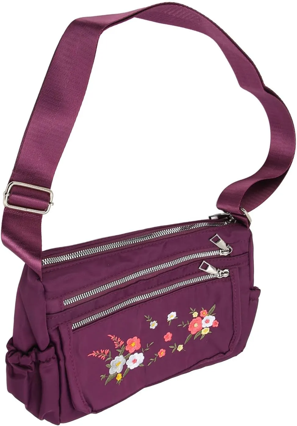 Nylon Messenger Bag, Soft Casual Adjustable Portable Floral Embroidered Shoulder Bag Waterproof for Travel for Lady