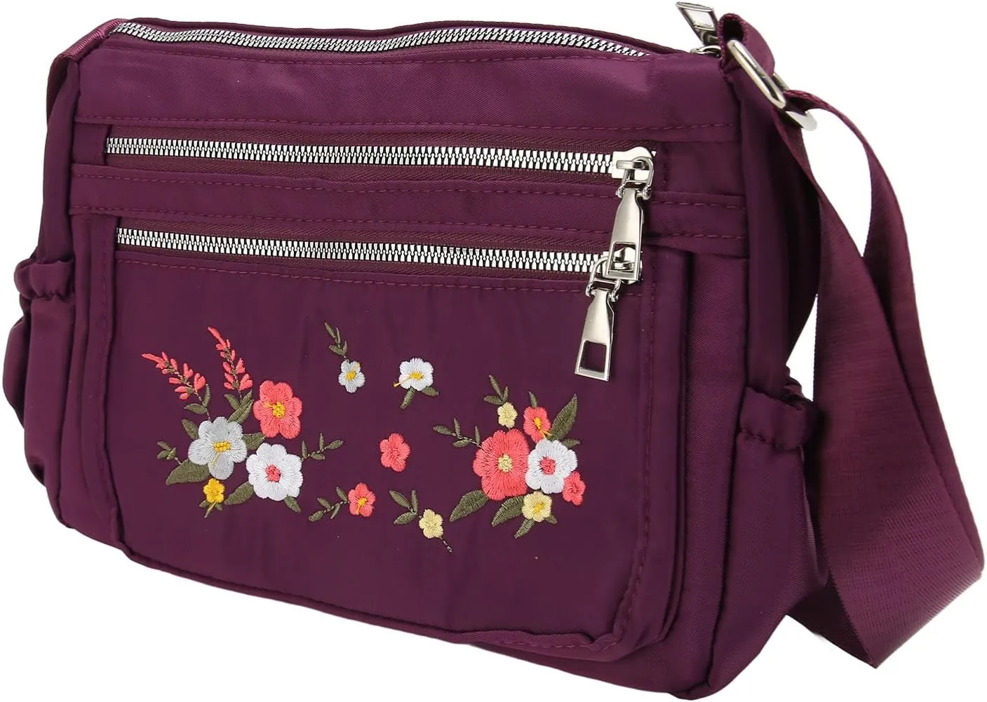 Nylon Messenger Bag, Soft Casual Adjustable Portable Floral Embroidered Shoulder Bag Waterproof for Travel for Lady