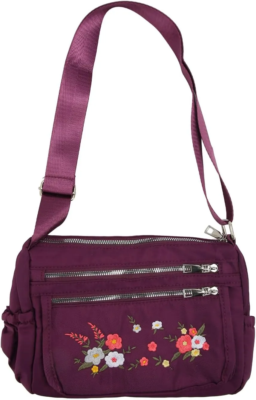 Nylon Messenger Bag, Soft Casual Adjustable Portable Floral Embroidered Shoulder Bag Waterproof for Travel for Lady