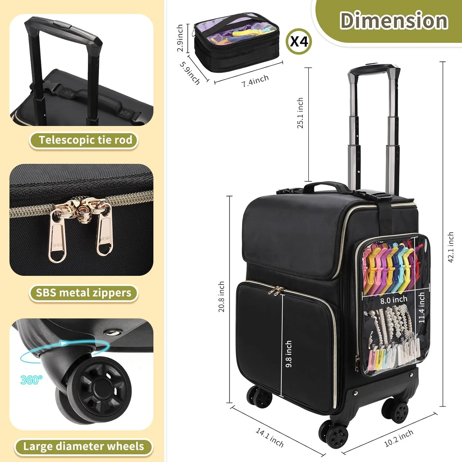 OCHEAL Hairstylist Traveling Case with 4 Clear Travel Makeup Bags Set, Cosmetic Makeup Trolley Train Case Hairdresser Case with Detachable Pouch & 360° Rotatable Wheels for HairdressingTool Organizer