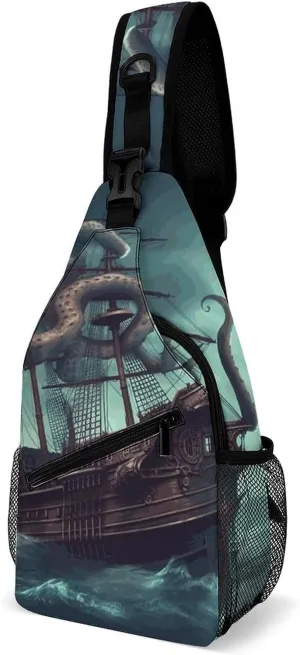Octopus Ship Crossbody Sling Bag for Women Men Sling Backpack Travel Chest Bag Pack Man Purse Shoulder Bags Daypack for Travel Hiking Cycling