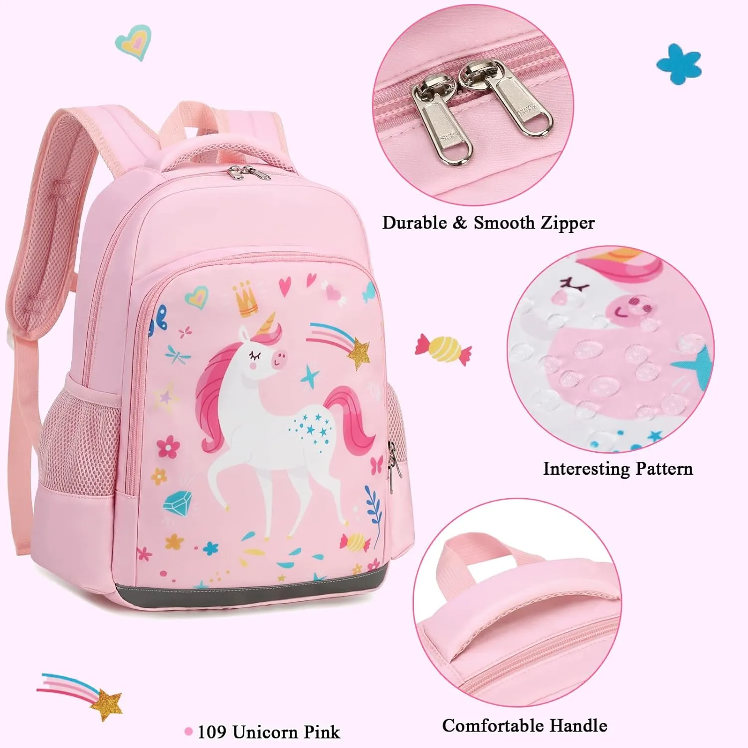 Octsky Backpack for Girls Kids School Backpacks with Lunch Box Preschool Kindergarten BookBag Set With Chest Strap (Candy Unicorn Purple)
