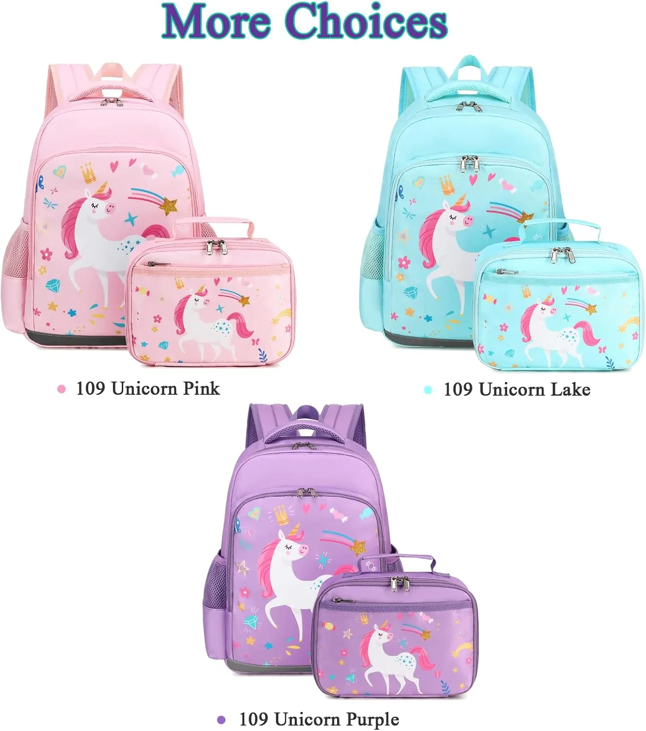 Octsky Backpack for Girls Kids School Backpacks with Lunch Box Preschool Kindergarten BookBag Set With Chest Strap (Candy Unicorn Purple)