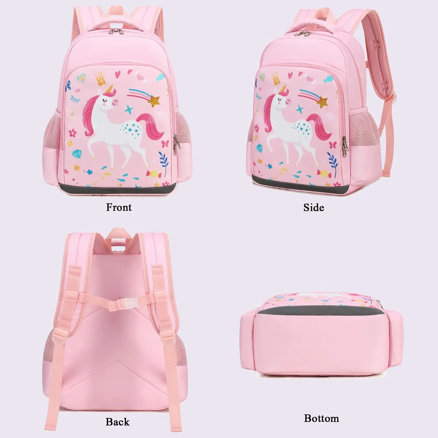 Octsky Backpack for Girls Kids School Backpacks with Lunch Box Preschool Kindergarten BookBag Set With Chest Strap (Candy Unicorn Purple)
