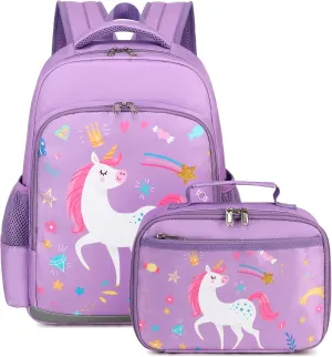 Octsky Backpack for Girls Kids School Backpacks with Lunch Box Preschool Kindergarten BookBag Set With Chest Strap (Candy Unicorn Purple)