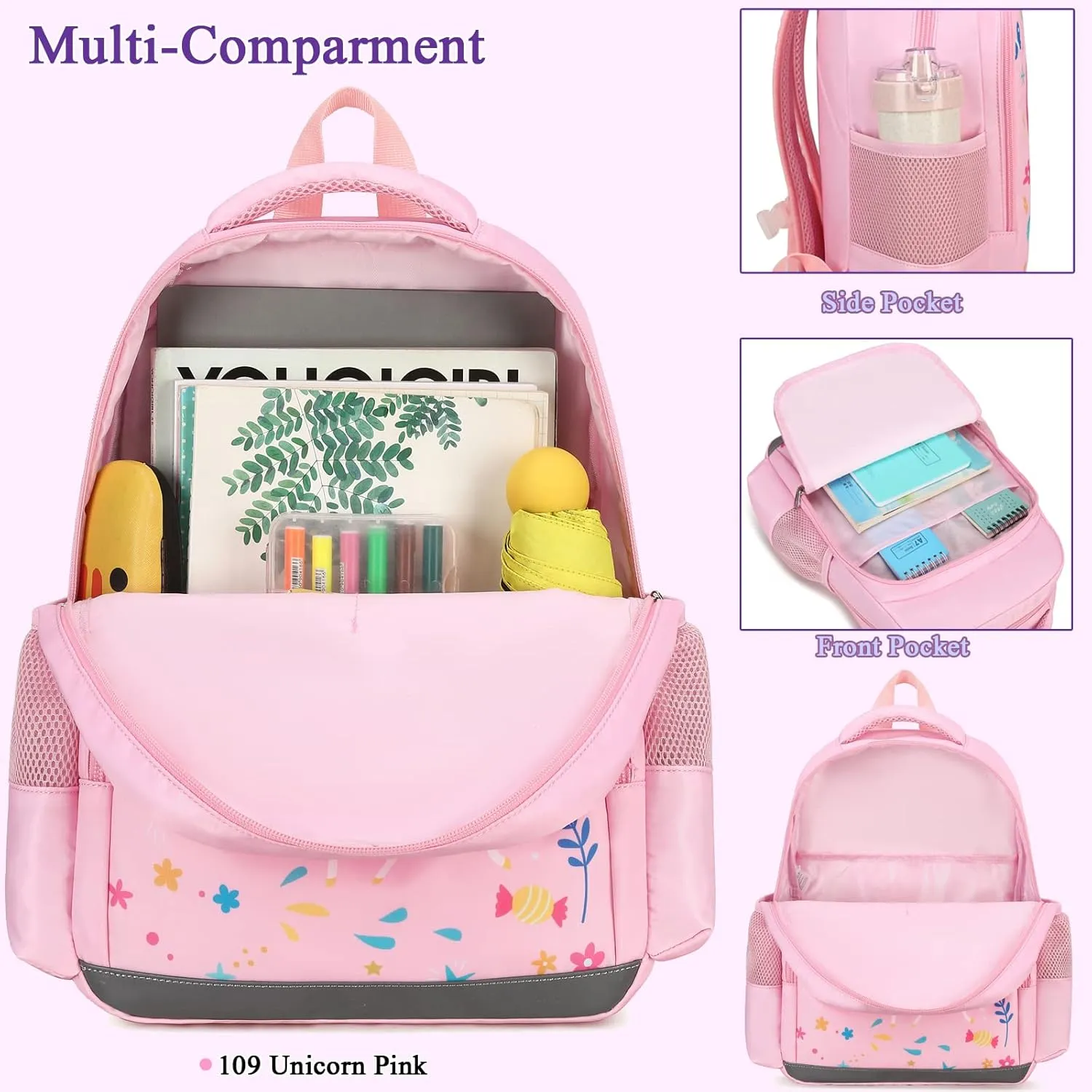Octsky Backpack for Girls Kids School Backpacks with Lunch Box Preschool Kindergarten BookBag Set With Chest Strap (Candy Unicorn Purple)