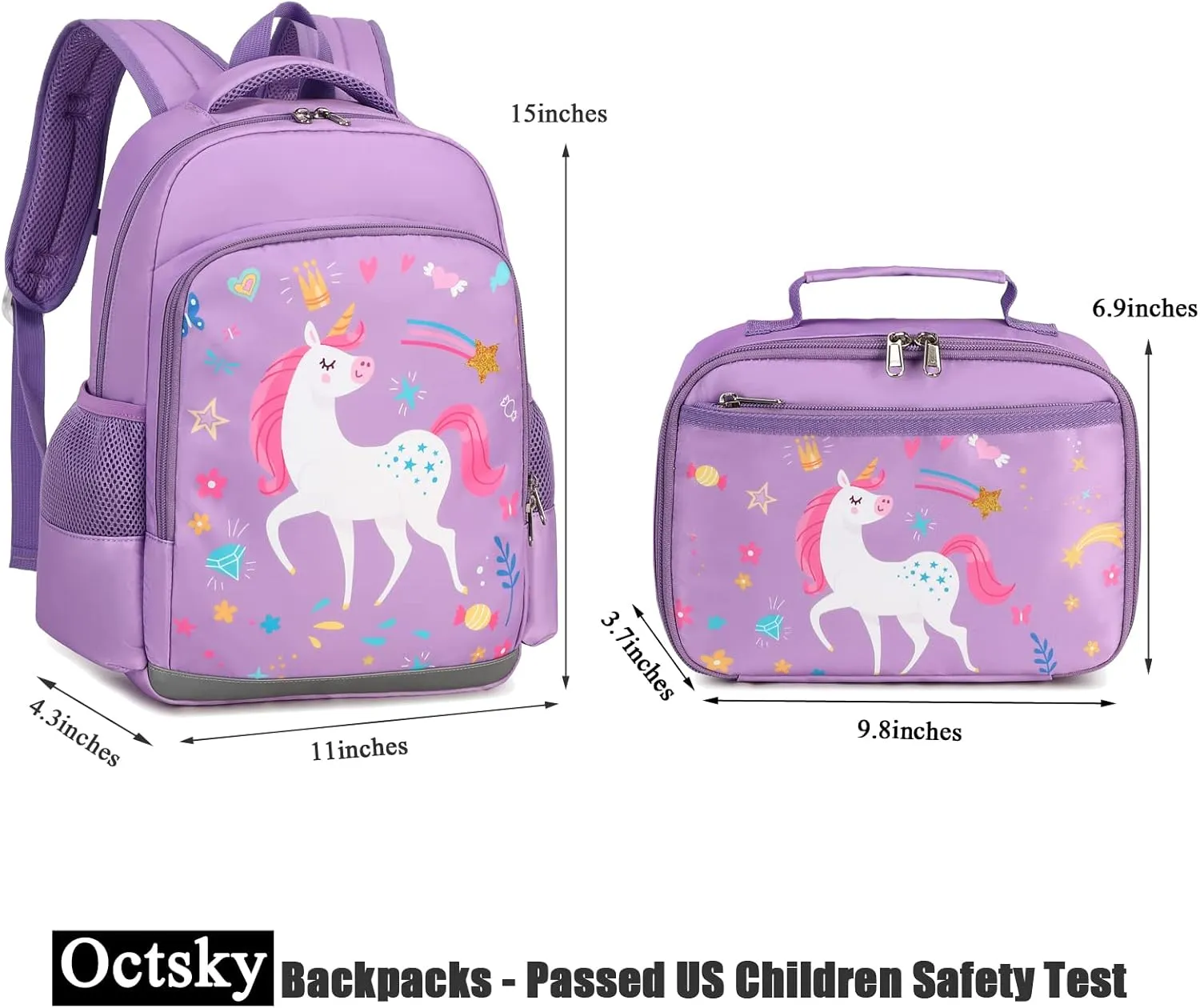 Octsky Backpack for Girls Kids School Backpacks with Lunch Box Preschool Kindergarten BookBag Set With Chest Strap (Candy Unicorn Purple)