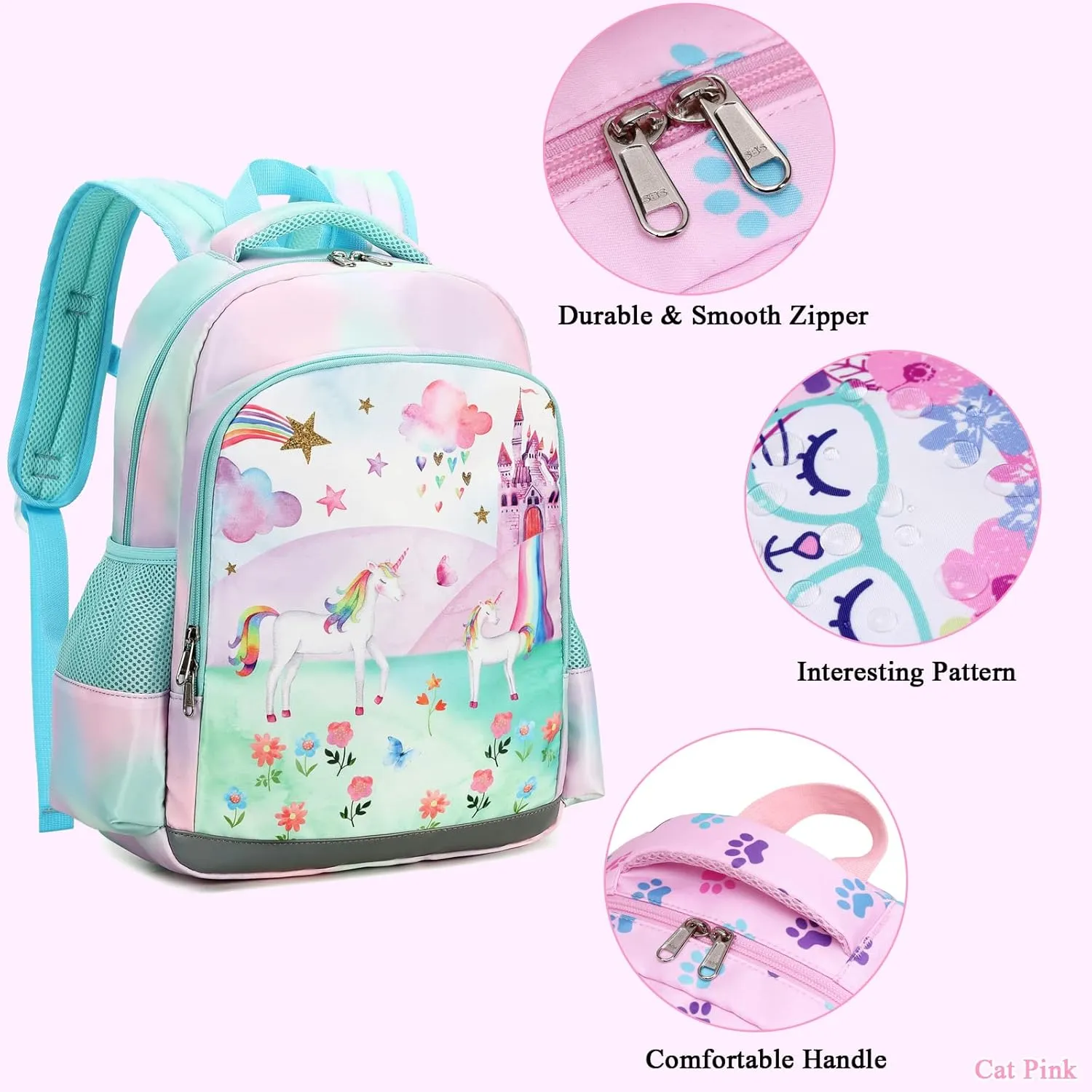 Octsky Backpack for Girls Kids School Backpacks with Lunch Box Preschool Kindergarten BookBag Set With Chest Strap (Castle Unicorn Green)