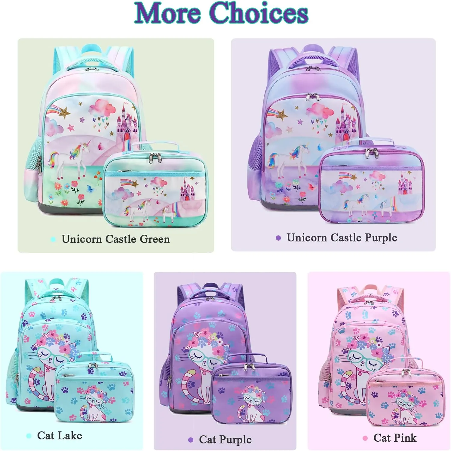 Octsky Backpack for Girls Kids School Backpacks with Lunch Box Preschool Kindergarten BookBag Set With Chest Strap (Castle Unicorn Green)