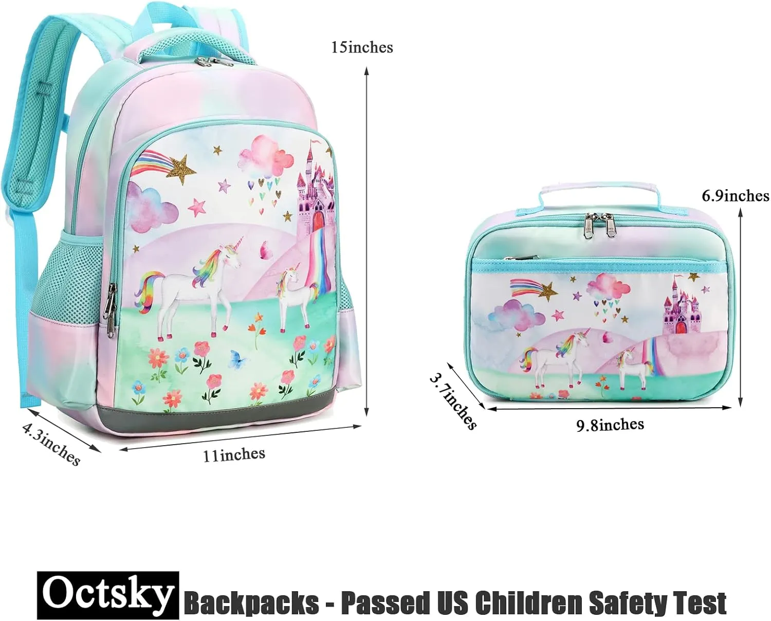 Octsky Backpack for Girls Kids School Backpacks with Lunch Box Preschool Kindergarten BookBag Set With Chest Strap (Castle Unicorn Green)
