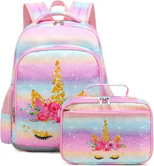 Octsky Backpack for Girls Kids School Backpacks with Lunch Box Preschool Kindergarten BookBag Set With Chest Strap (Golden Unicorn)