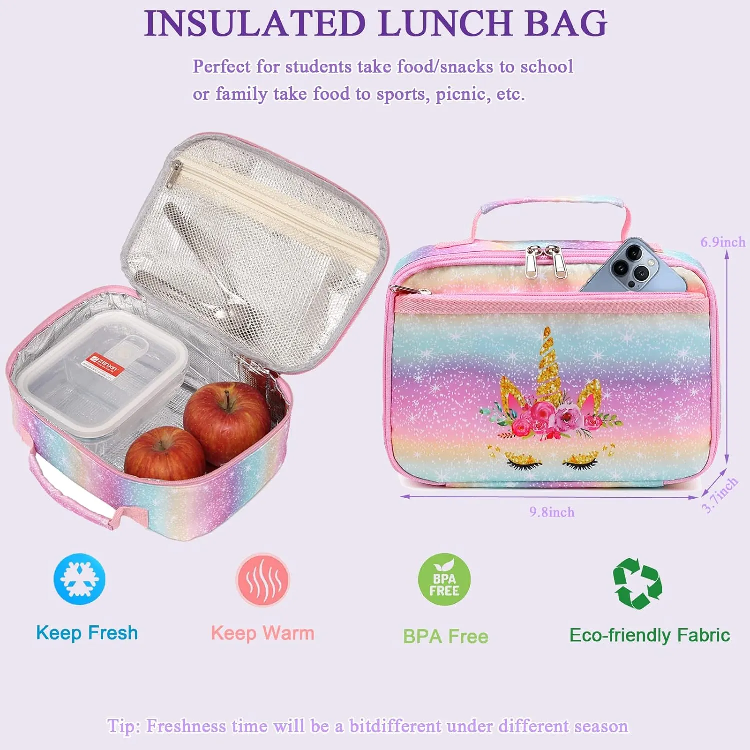 Octsky Backpack for Girls Kids School Backpacks with Lunch Box Preschool Kindergarten BookBag Set With Chest Strap (Golden Unicorn)