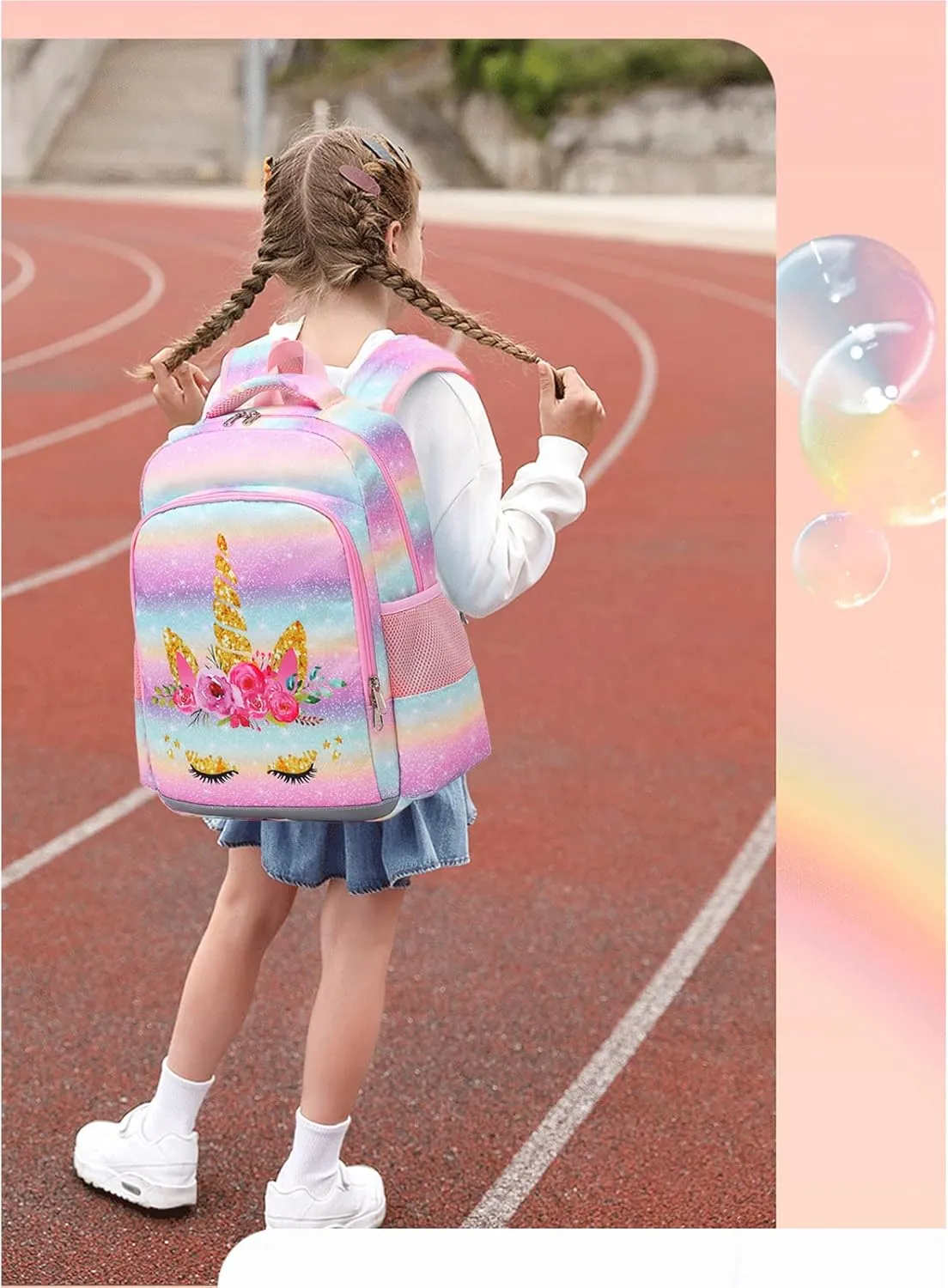 Octsky Backpack for Girls Kids School Backpacks with Lunch Box Preschool Kindergarten BookBag Set With Chest Strap (Golden Unicorn)