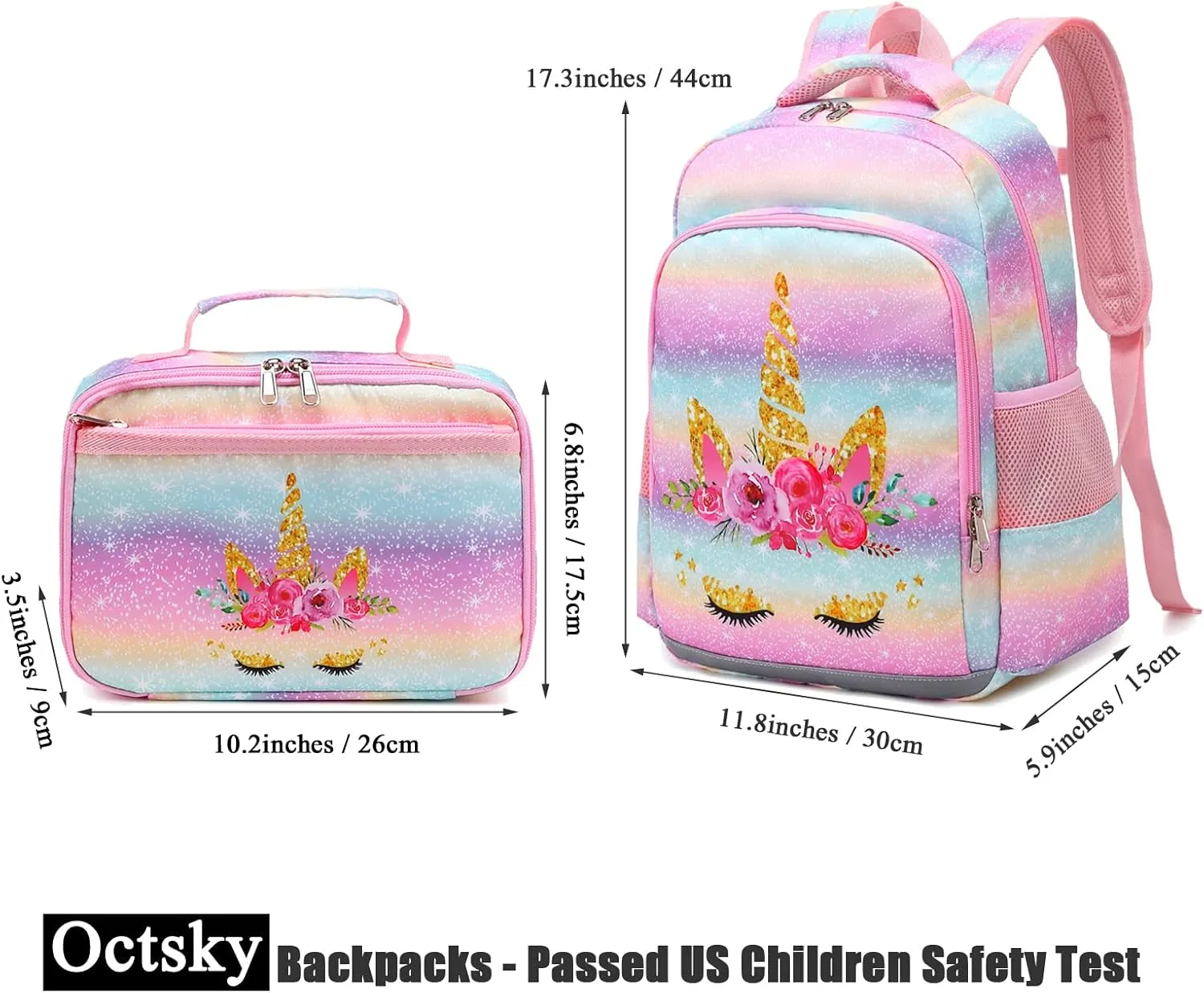 Octsky Backpack for Girls Kids School Backpacks with Lunch Box Preschool Kindergarten BookBag Set With Chest Strap (Golden Unicorn)