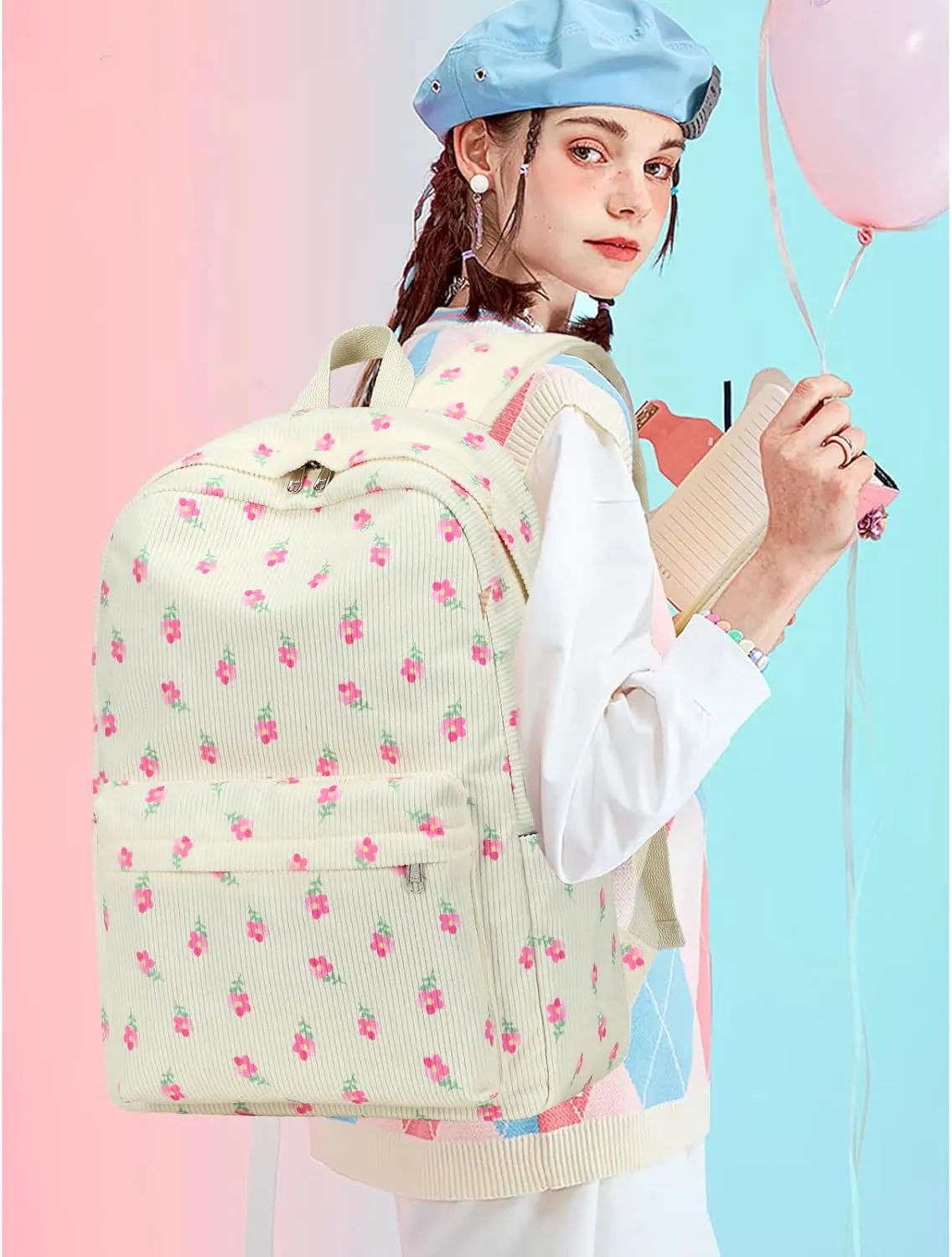 Octsky Backpack for Girls Teen Corduroy Bookbags Elementary Middle High School Bag Women Travel Daypacks Beige/Pink