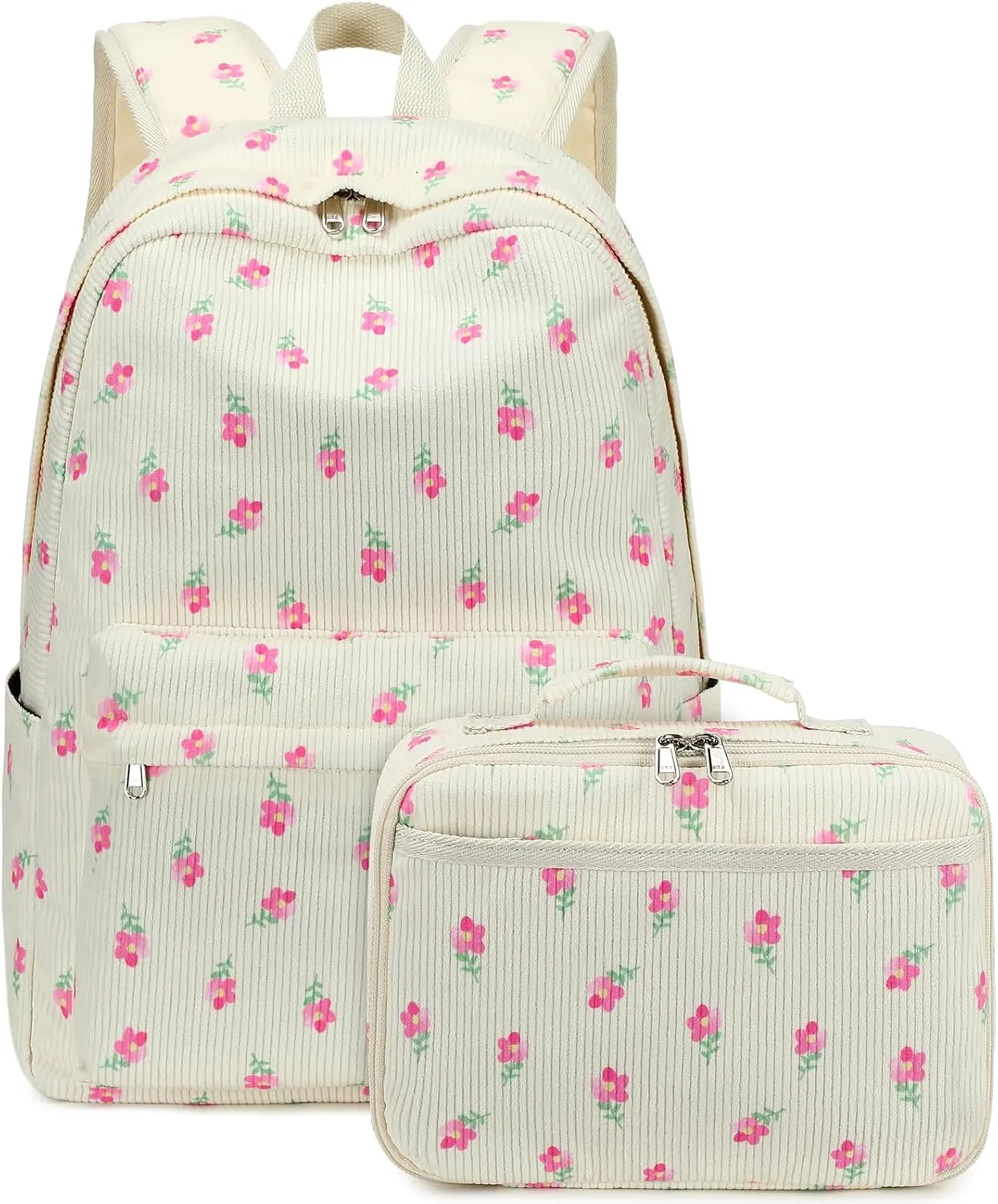 Octsky Backpack for Girls Teen Corduroy Bookbags Elementary Middle High School Bag Women Travel Daypacks Beige/Pink