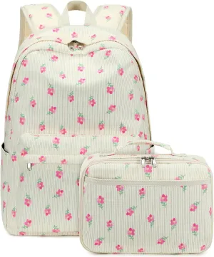 Octsky Backpack for Girls Teen Corduroy Bookbags Elementary Middle High School Bag Women Travel Daypacks Beige/Pink