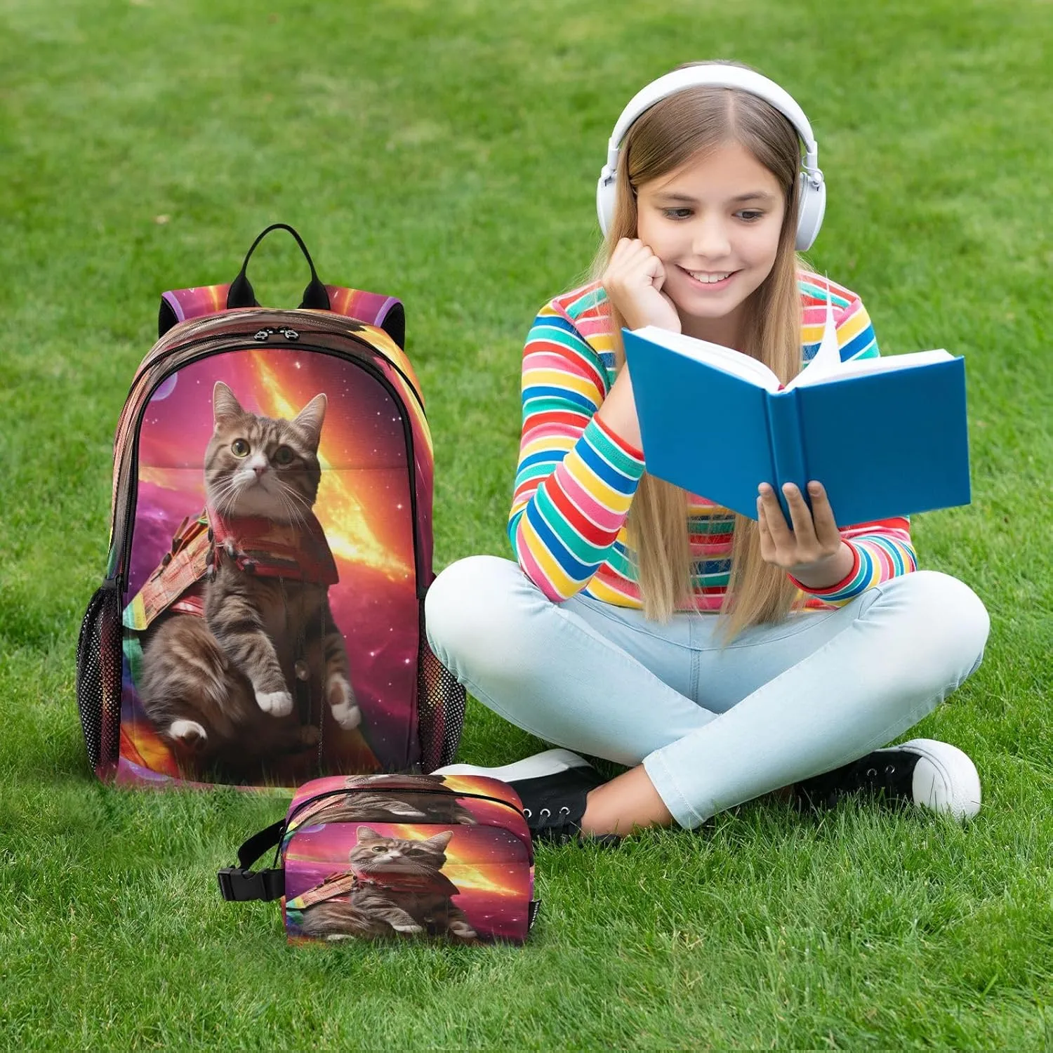 ODAWA Cat Staring off into Space Bookbag School Small Kids Lunch Bag Cute Bookbag
