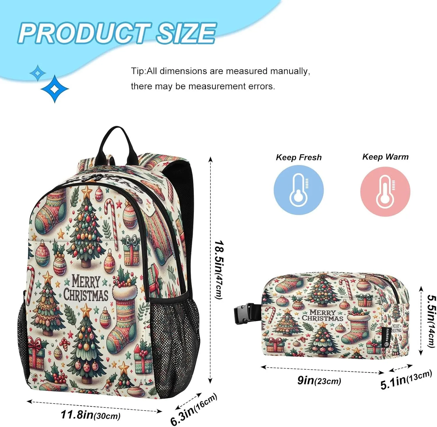 ODAWA Christmas Trees and Stocking Decor Toddler Boys Backpack with Lunch Box Kids Backpack for School Lunch Box Insulated