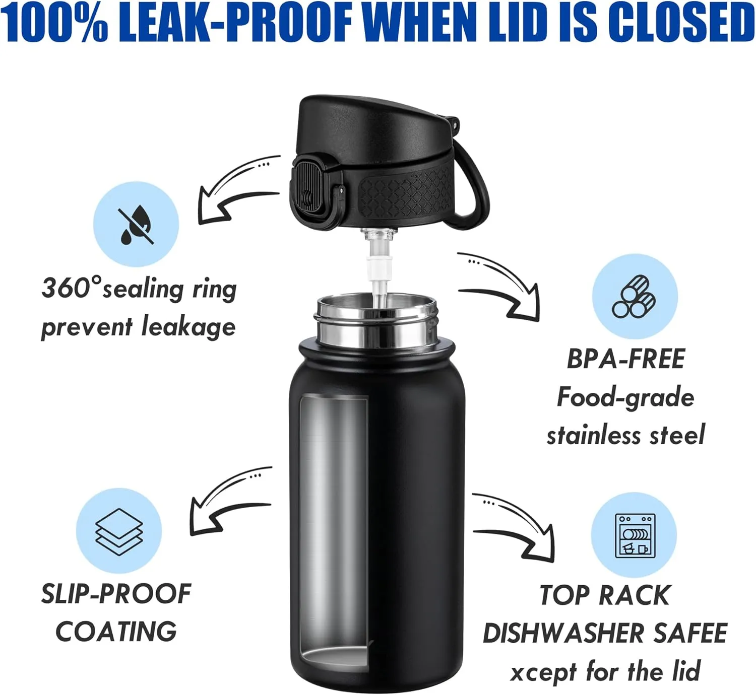 OLDLEY 12oz Kids Water Bottle, Stainless Steel Insulated Water Bottle For Kids, With Straws Leak-proof, Kids Water Bottles For School Boys Girls, Black