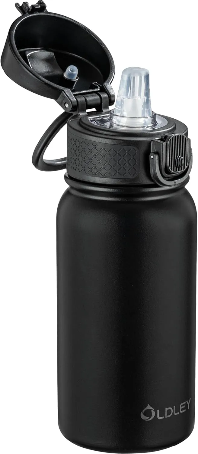OLDLEY 12oz Kids Water Bottle, Stainless Steel Insulated Water Bottle For Kids, With Straws Leak-proof, Kids Water Bottles For School Boys Girls, Black
