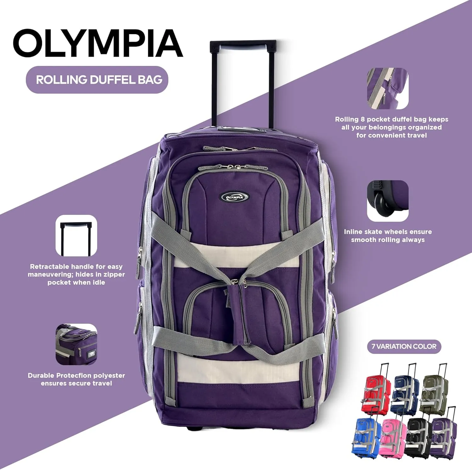 Olympia U.S.A. 29 inch Jumbo Size 8 Pockets Wheeled Rolling Duffel Bag Water Resistant Luggage Lightweight Travel Suitcase with Retractable Handle