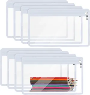 Outus 8 Pcs Clear Zipper Pouches Pencil Pouches PVC Makeup Pouch Envelopes Folder Storage Multi purpose Pouch Document File Organization Bags, Office Supplies (White Edging, 11.5 x 7 Inches)