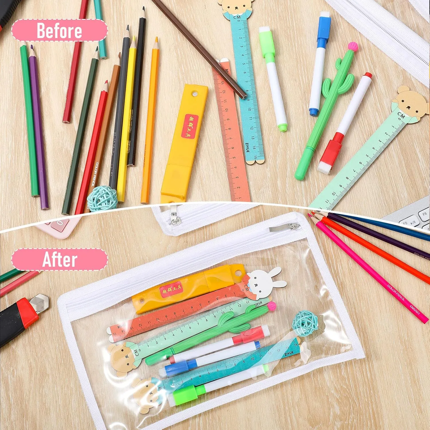 Outus 8 Pcs Clear Zipper Pouches Pencil Pouches PVC Makeup Pouch Envelopes Folder Storage Multi purpose Pouch Document File Organization Bags, Office Supplies (White Edging, 11.5 x 7 Inches)