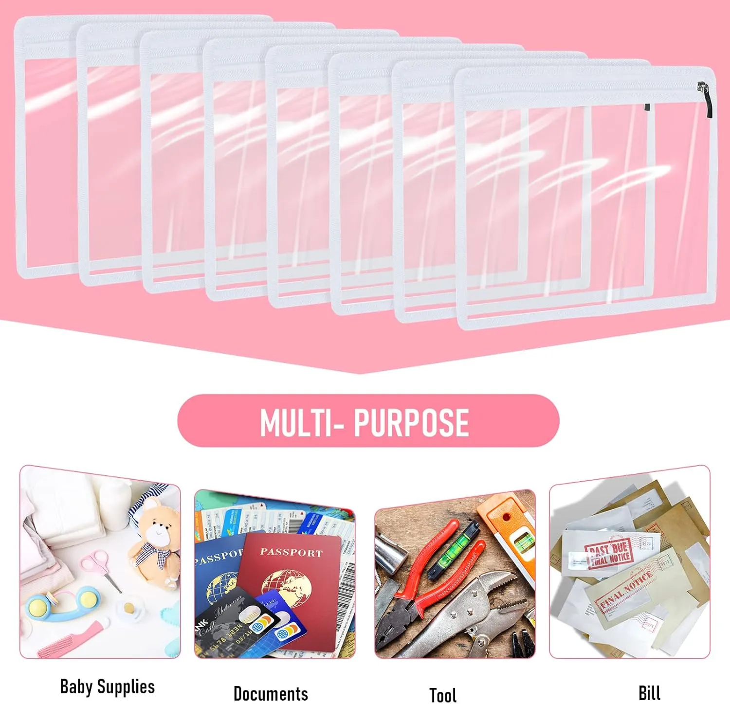 Outus 8 Pcs Clear Zipper Pouches Pencil Pouches PVC Makeup Pouch Envelopes Folder Storage Multi purpose Pouch Document File Organization Bags, Office Supplies (White Edging, 11.5 x 7 Inches)