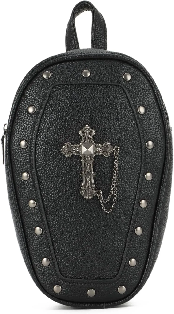 Oweisong Gothic Coffin Backpack Purse for Women Mini Halloween Shoulder Bag Punk Rivet Crossbody Bag with Convertible Strap
