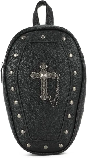 Oweisong Gothic Coffin Backpack Purse for Women Mini Halloween Shoulder Bag Punk Rivet Crossbody Bag with Convertible Strap