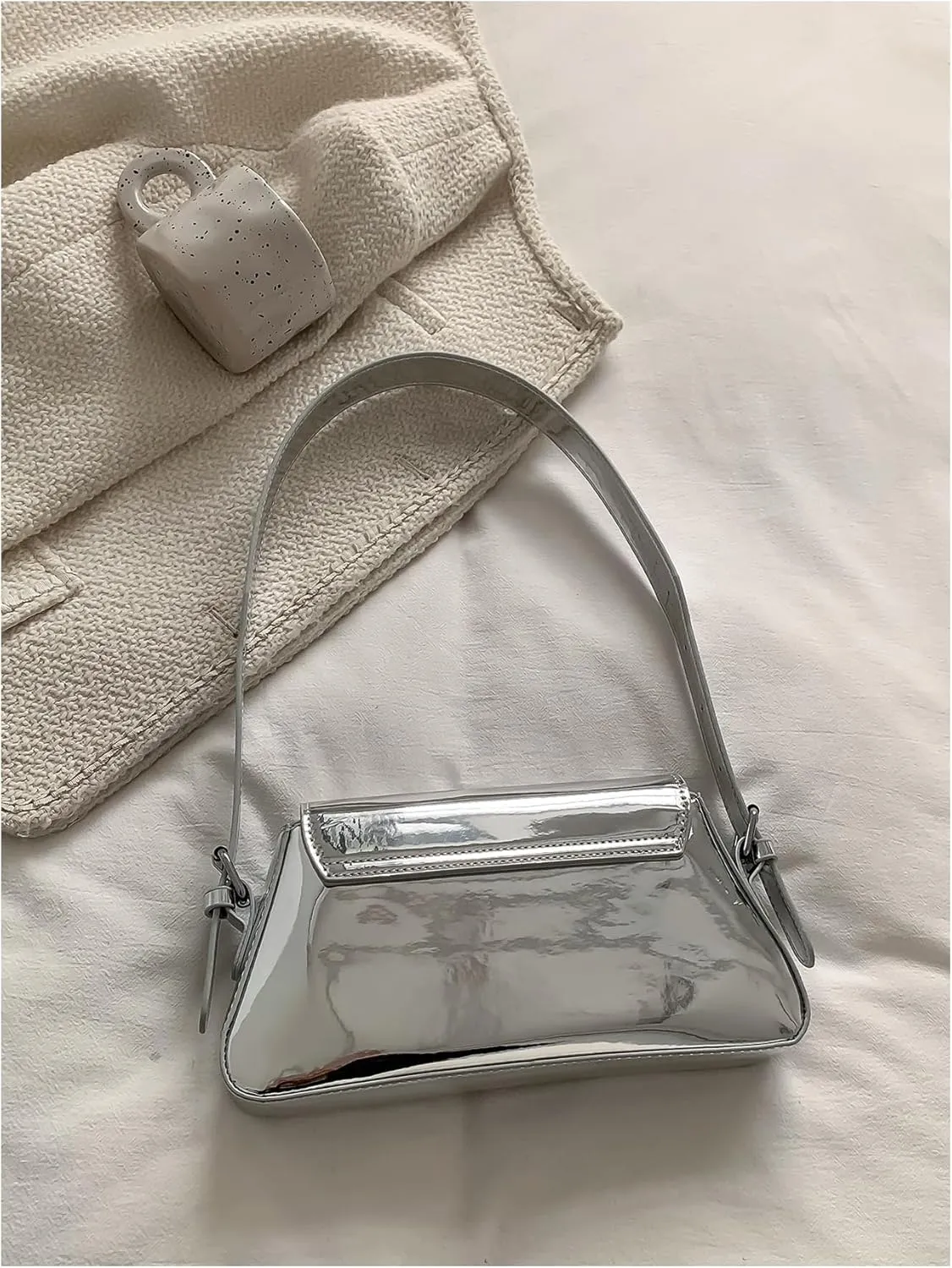 OYOANGLE Women's Metallic Flap Shoulder Bags Adjustable Strap Y2K Tote Handbags Evening Purses Crossbody Bag