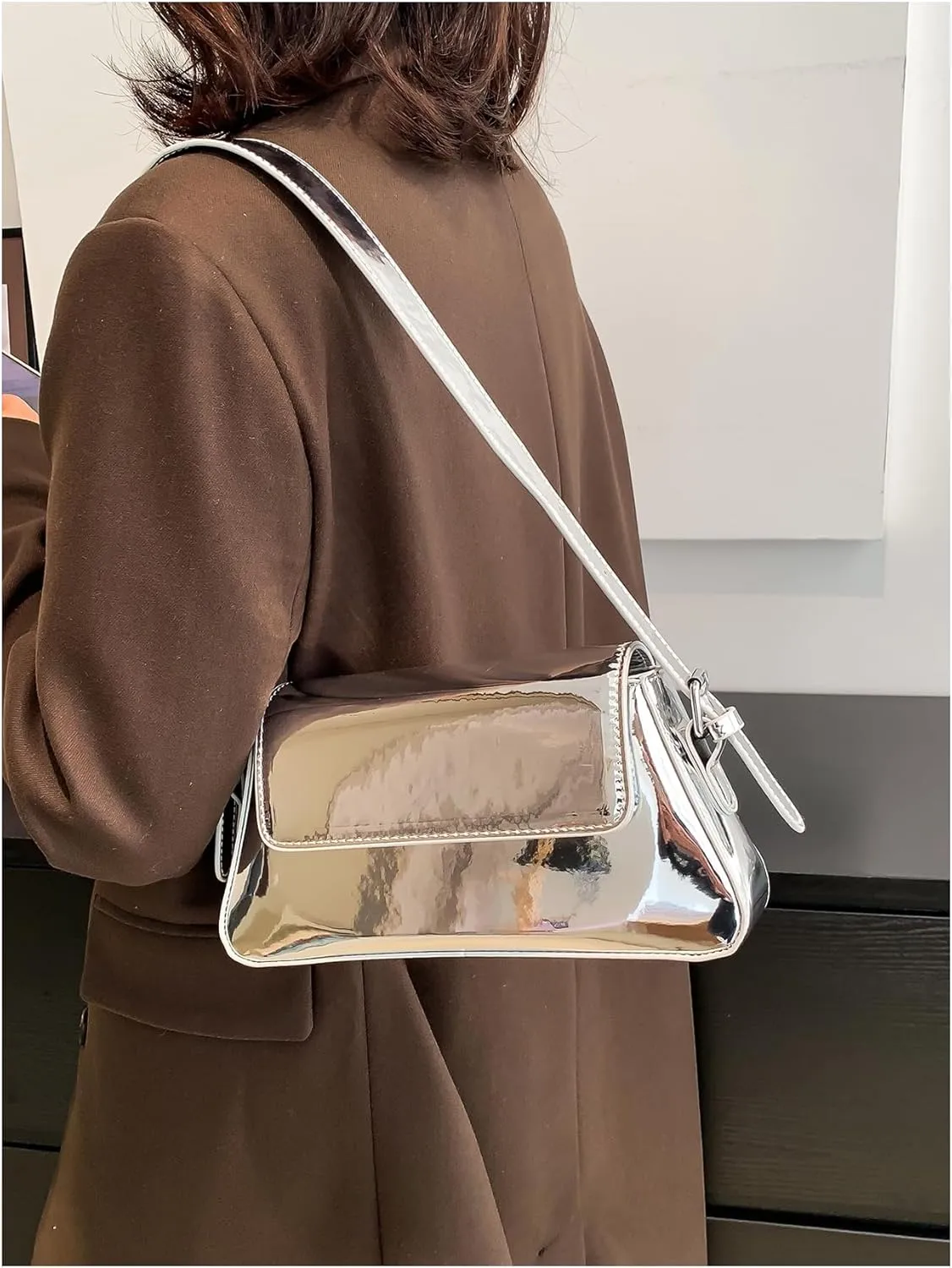 OYOANGLE Women's Metallic Flap Shoulder Bags Adjustable Strap Y2K Tote Handbags Evening Purses Crossbody Bag