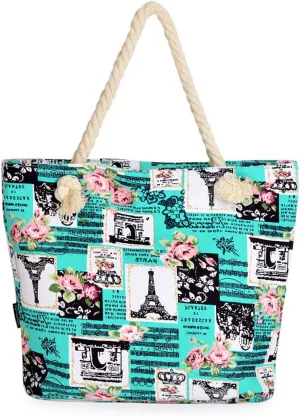 Paris Eiffel Tower Music Notes Floral Print Canvas Tote Shoulder Bag Handbag