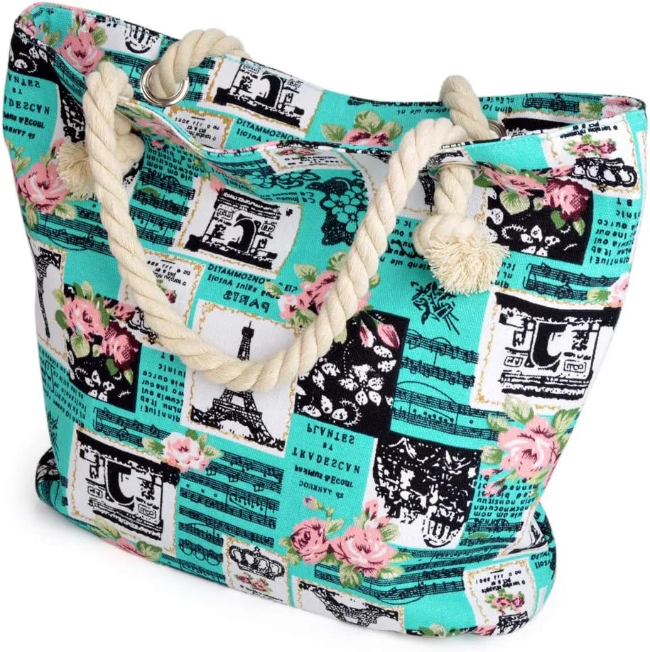 Paris Eiffel Tower Music Notes Floral Print Canvas Tote Shoulder Bag Handbag
