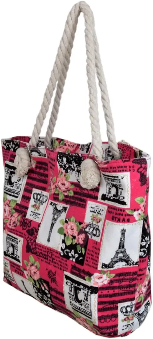 Paris Eiffel Tower Music Notes Floral Print Canvas Tote Shoulder Bag Handbag