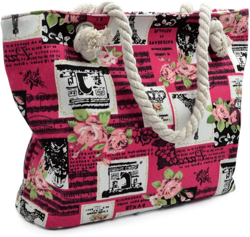 Paris Eiffel Tower Music Notes Floral Print Canvas Tote Shoulder Bag Handbag