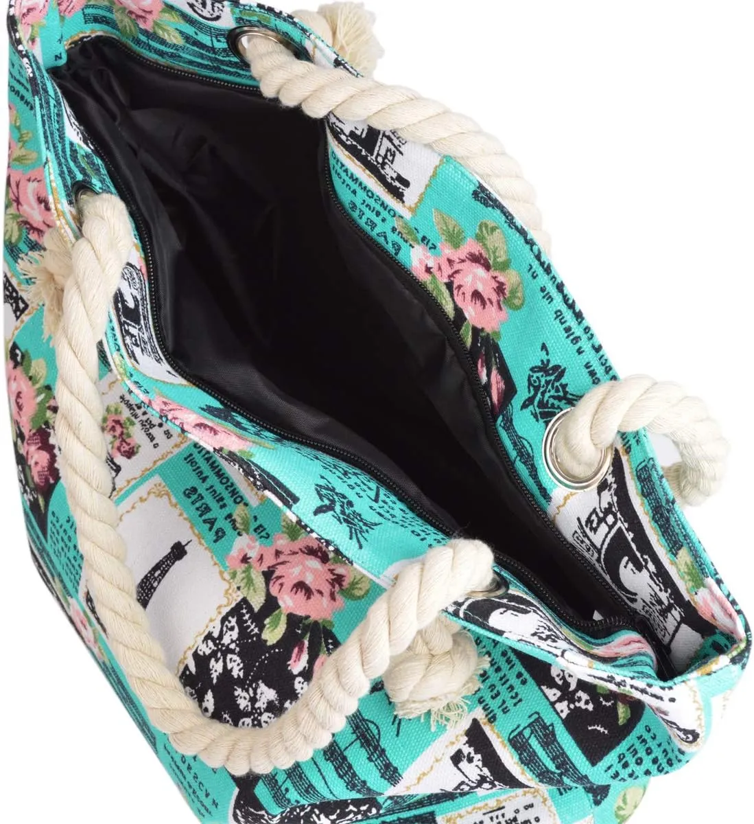 Paris Eiffel Tower Music Notes Floral Print Canvas Tote Shoulder Bag Handbag