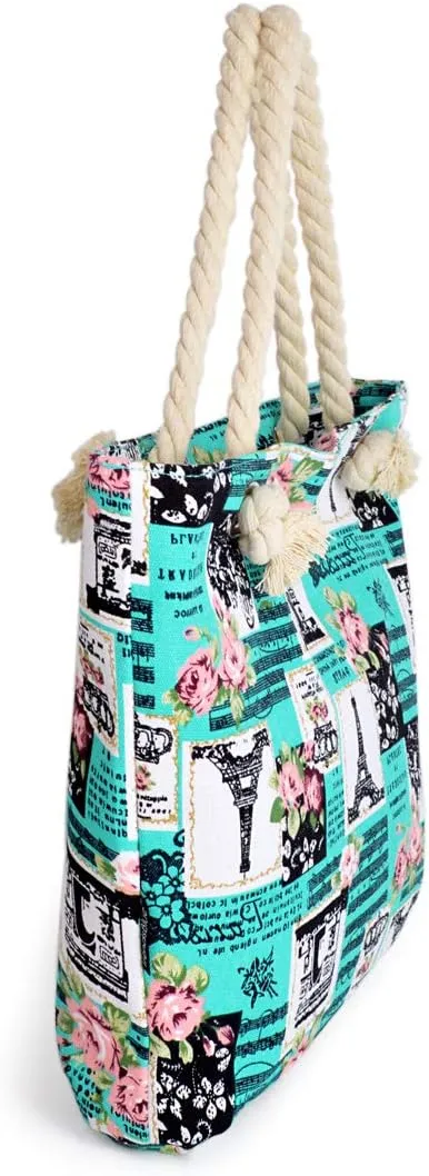 Paris Eiffel Tower Music Notes Floral Print Canvas Tote Shoulder Bag Handbag
