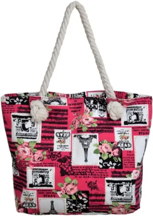 Paris Eiffel Tower Music Notes Floral Print Canvas Tote Shoulder Bag Handbag