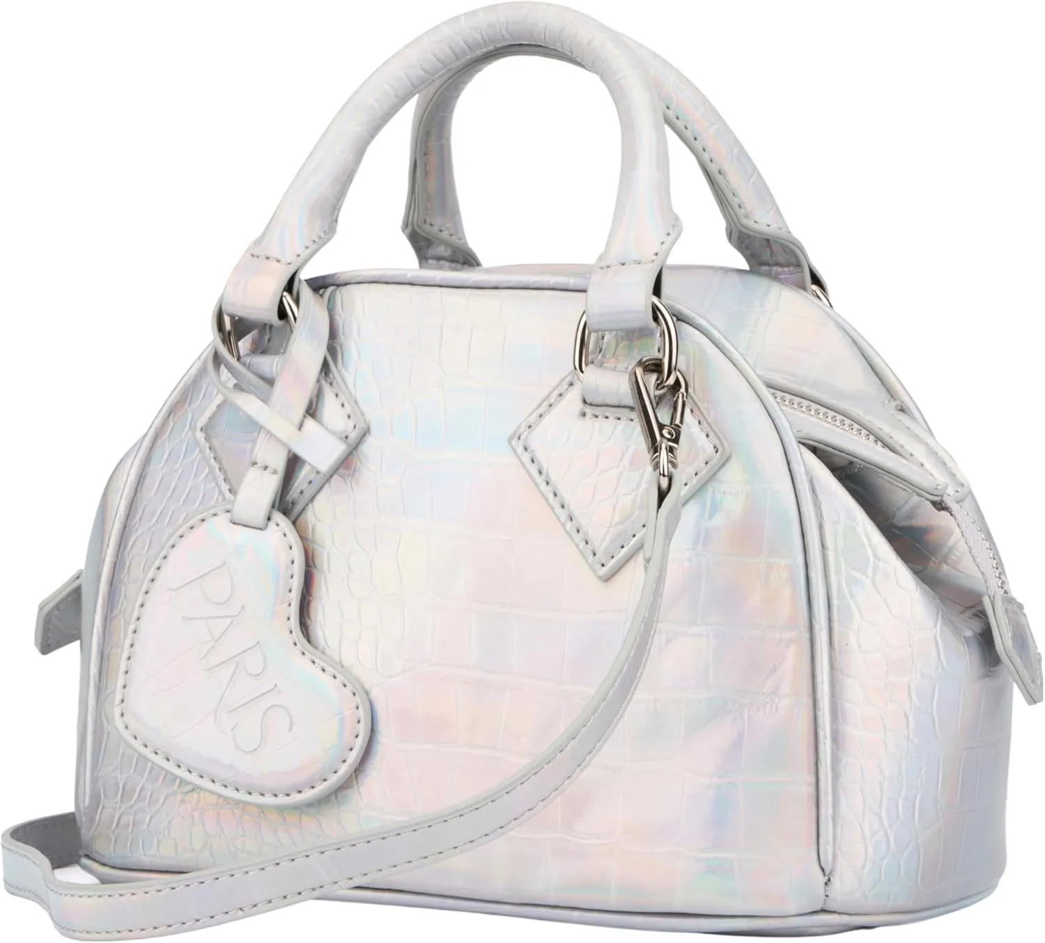 Paris Hilton Gene Croc Mini Tote Purse with Removable Strap Heart Tag Metallic Silver