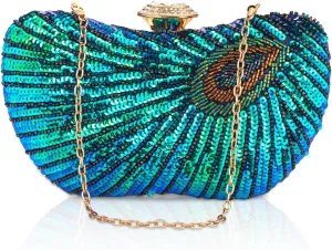 Peacock Clutch Purse Evening Handbags for Womens Vintage Crossbody Shoulder Bags Sequin Feather and Detachable Chains