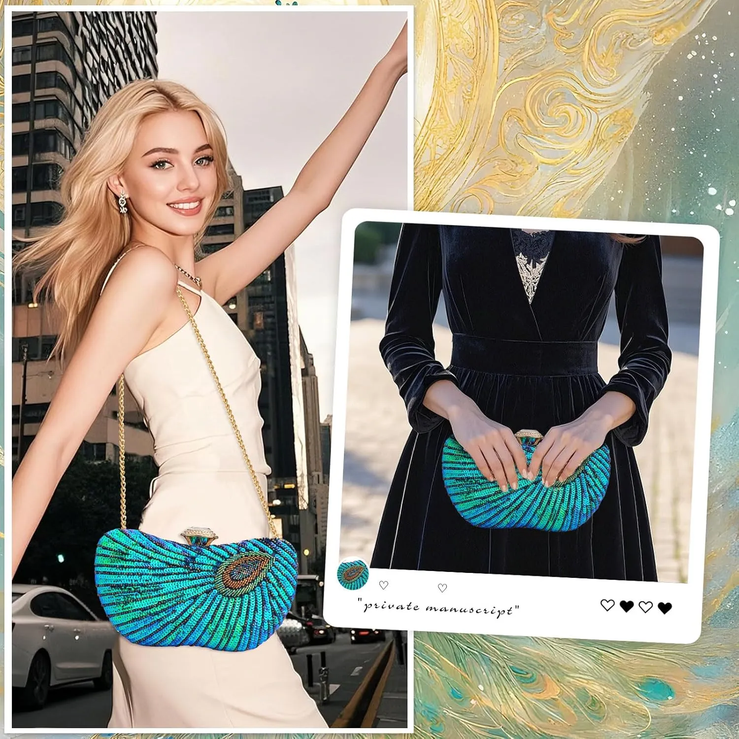 Peacock Clutch Purse Evening Handbags for Womens Vintage Crossbody Shoulder Bags Sequin Feather and Detachable Chains