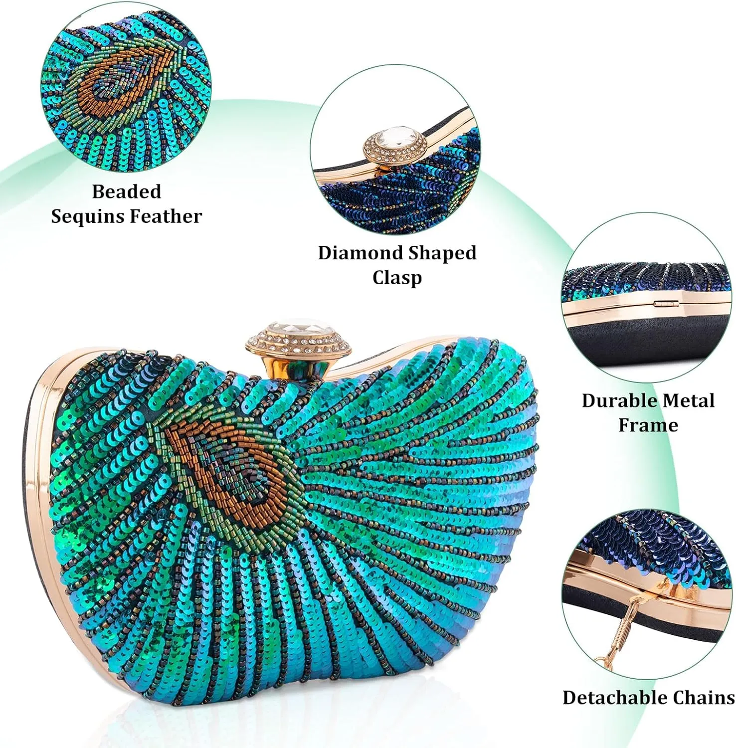 Peacock Clutch Purse Evening Handbags for Womens Vintage Crossbody Shoulder Bags Sequin Feather and Detachable Chains
